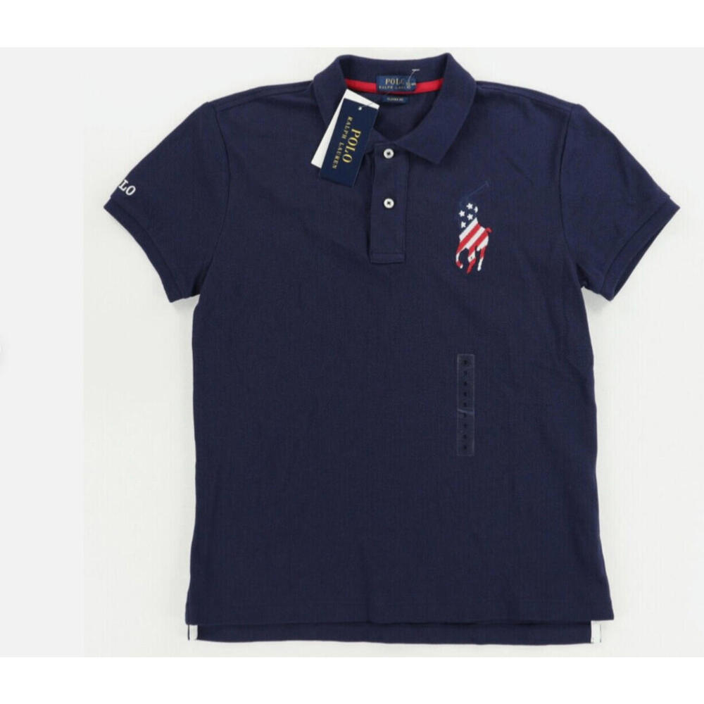 Polo Ralph Lauren USA Big Pony Solid Polo Shirt Navy Blue slim fit XL NWT
